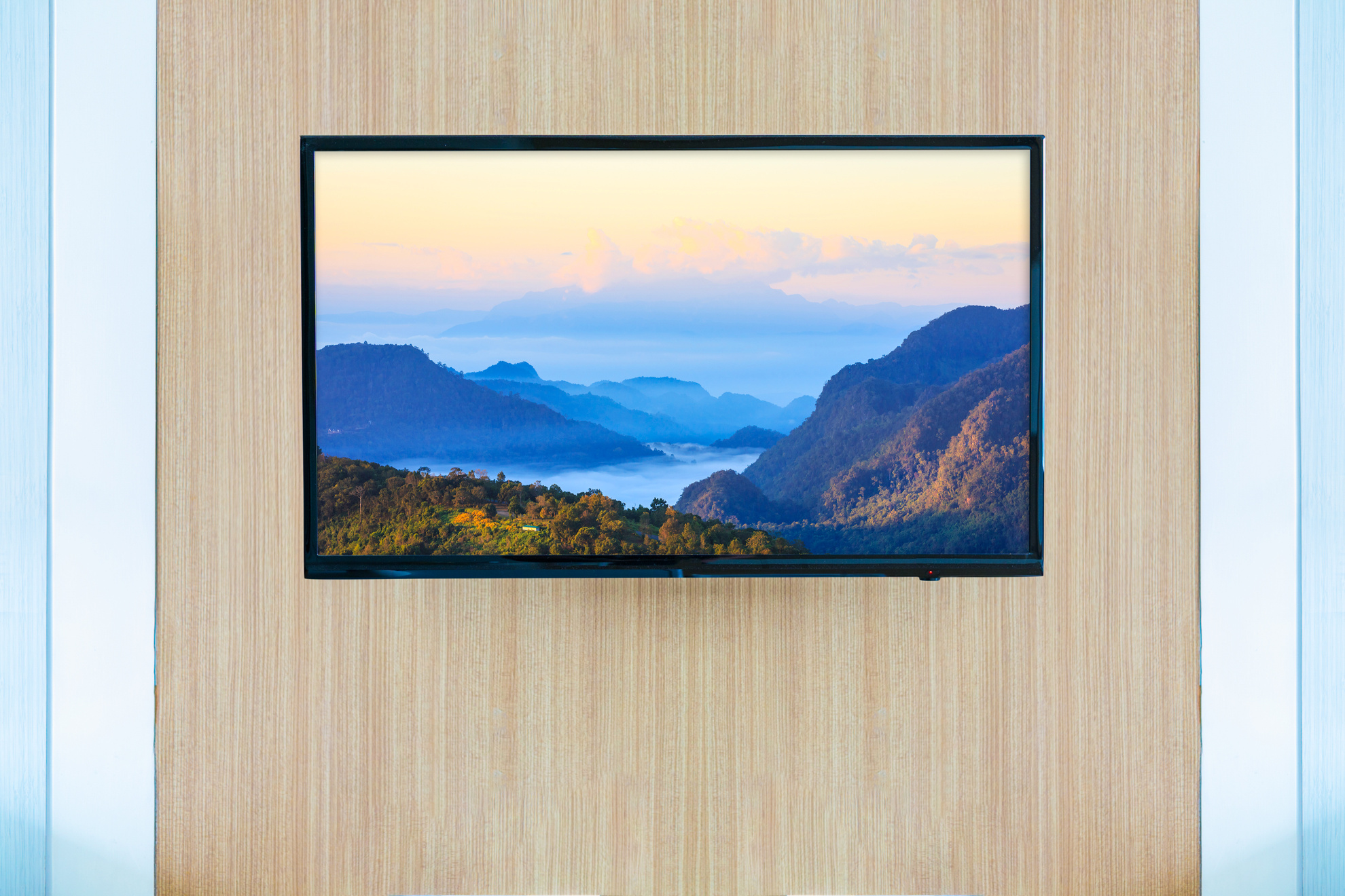 Black LED tv television screen mockup. Landscape on monitor